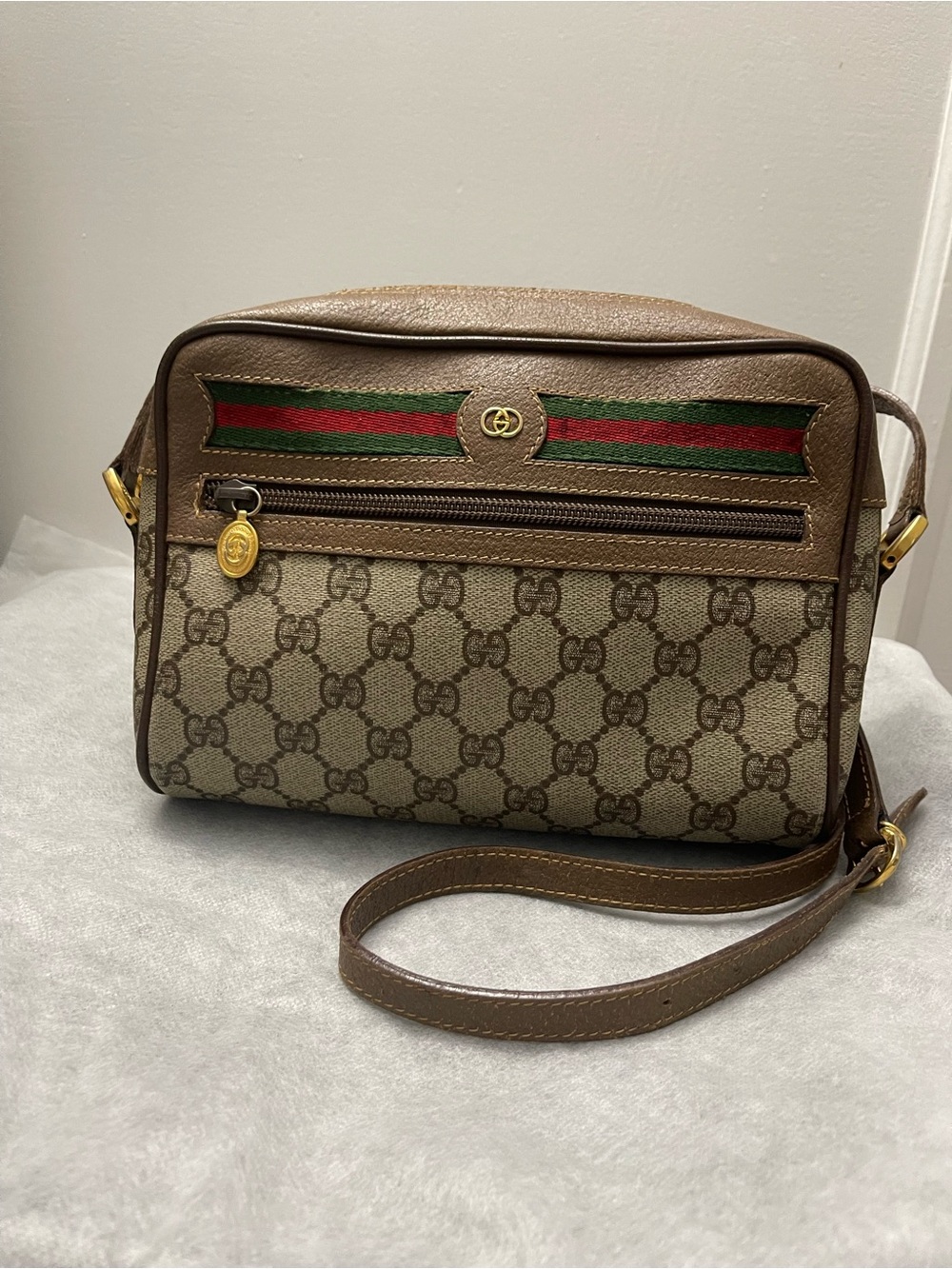Gucci Brown Beige GG Canvas Crossbody with Green-Red Web